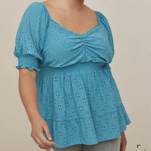 Torrid eyelet teal smocked blouse 3 3X